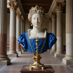 photorealistic medicine candelabra on the ornate bust of a noblewoman blue blooded inbred hapsburg princess las meninas in an ancient roman colonnade by giorgio de chirico