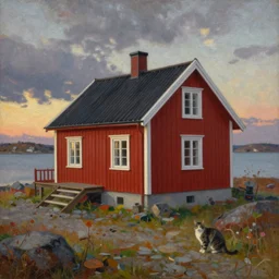 a painting of a cat outside a red house in the swedish archipelago during sunset, in the style of painter mårten andersson