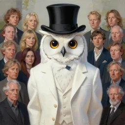 painted portrait anthropomorphic owl in white suit with top hat and earing, natural light, neil gaiman, maria panfilova, andrea savchenko, mike kime, ludovic plouffe, qi shengluo, oliver cook, julian calle, eddie mendoza, trending on artstation