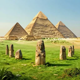 symmetry!! the lost ancient megalithic builders, ancient egypt pyramids, lush green, surreal landscape, very detailed, perfect composition, perfect lighting, 4 k, trending on artstation, greg rutkowski, derek zabrocki, jacques - laurent agasse, artgerm, cgsociety, octane render