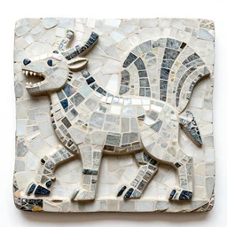 mosaic sculpture of a alebrije chimera!!!, irregularly shaped large mosaic tiles, recycled pottery shards, in the style of folk art, in a cottagecore flower garden