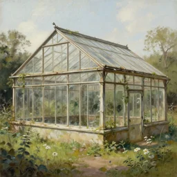 painting of an old ancient greenhouse, ruined greenhouse, concept art, artstation, old painting, wild garden
