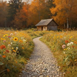 pebble path through a flower field leading to a hut. forest in the background. warm autumn day. atmospheric lighting. highly detailed digital painting by caspar david friedrich. sharp focus, 8 k.