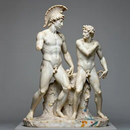 shiny marble spartan sculpture by michelangelo buonarroti and by gian lorenzo bernini covered in color paint splashes, ultra - detailed studio photograph