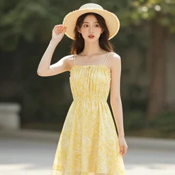 “a young attractive woman wearing a beautiful yellow patterned sundress and straw hat, fashion photography”