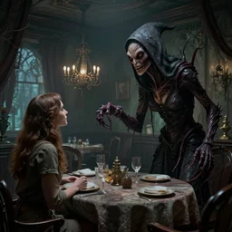 a strange creature greeting a female explorer in a dining room, haunted house, masterpiece, grasping pseudopods, rhads!!!, magical realism, urban fantasy, a hooded figure, a fierce woman, ( h. r. giger )