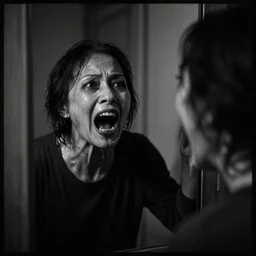 portrait of a creepy old asian lady screaming creeping out of a door looking in a mirror wet, morbid, macabre, dark lighting, decay teeth, black and white gainy film, 1 6 mm film vignette, matte painting by maxim verehin