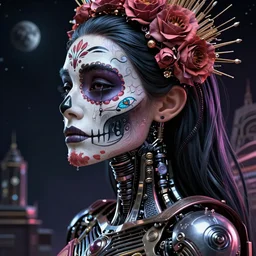 beautiful crying! female android!, side! portrait, intricate detailed environment, photorealistic!, octane render, concept art, cinematic lighting, interstellar hyper realism, sharp, cyberpunk, bladerunner, 8 k, el dia los muertos! by angus mckie, moebius, maciej kuciara, stanley lau, artgerm, greg rutkowski