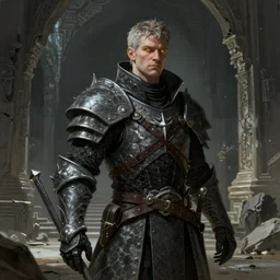 a masterful character portrait of a dragon age grey warden standing in the broken underground ruins of a temple, dragon age inquisition, dragon age concept art, concept art, illustration, digital painting, matte painting, glowing eyes, realistic lighting, with a realistically proportioned face, cinematic lighting, good value control, realistic shading, realistic face details, painted texture maps, substance painter