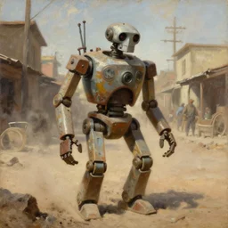oil painting of old rugged zyborg robot in dusty wild west street, art by anders zorn, wonderful masterpiece by greg rutkowski, beautiful cinematic light, american romanticism by greg manchess, jessica rossier