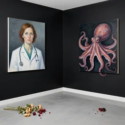 empty room with black walls, a portrait of a female pathologist, an octopus, wilted flowers, squashed berries, neo - expressionism, surrealism, acrylic and spray paint and oilstick on canvas
