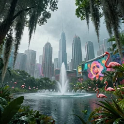 falling rain drops, everglades, trees hanging spanish moss, cyberpunk 2 0 7 7. flamingos kowloon! city, sci - fi, fantasy, wide angle highly detailed by santiago calatrava, foliage, fountains, wall art!, levitating people, by saturno butto and wlod, captivating 8 k hdr, octane render godrays