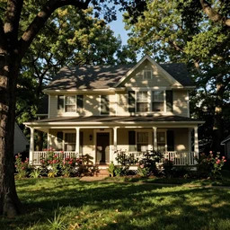 Suburban landscape, trees and roses, cut house with a wraparound porch
