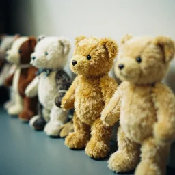 Teddy bears standing in line, 35mm photography