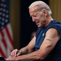 Joe Biden crying as he gets his first tattoo on the arm, film still