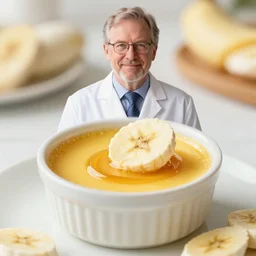 dr michael greger endorsing creme brulee with banana slice on top,