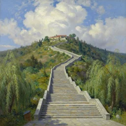 stunning landscape of the overwhelming stone stairs to the highest hill of the town, windy altocumulus, willows, intricate details, digital art by rob gonsalves, oil on canvas by ivan shishkin