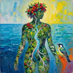 human with the sea and the forest inside, veins diverge through the body like rivers filmed on a satellite, a person is decorated with wild berries, a beautiful bird is looking at him next, colorful picture, abstract art