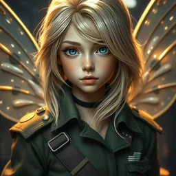 cinematic shot of an epic portrait of a cute blonde fairy dressed in military clothes, stylised military clothes, shiny skin, beautiful eyes, beautiful, small details, night setting, realistic poster with volumetric light from craig mallism, artgerm, jeremy lipkin and michael garmash, unreal engine, radiant light, digital art, trends at art station, a masterpiece