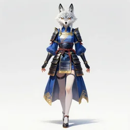 commissioned full body portrait of a female anthro wolf princess fursona with a wolf head and white hair wearing a blue and gold Japanese armored dress in a white and gold palace on a starry night with a large crescent moon, by a professional manga illustrator, by Kilian Eng, by Sandra Chevrier, trending on artstation