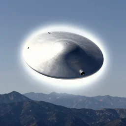 the photo shows a large, silver disk - shaped object hovering in the sky above a mountain range. the object appears to be surrounded by a bright, glowing aura. there is no sign of any engines or propulsion system, and the object seems to be completely silent. the photo was taken by a professional photographer.
