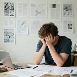 Sad man being blamed for plagiarism even though he creates his art