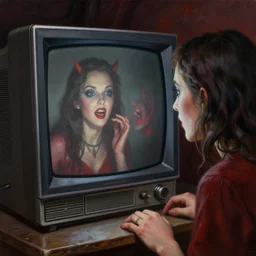 a photorealistic highly detailed painting of a vintage 1 9 5 0's crt monitor looking at his reflection in hell by johfra bosschart, lisa frank, kinkade, visionary art, dark fantasy art, high detail, trending on artstation