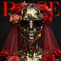 a head made out of metal and glass melting, it is of black and golden and red color, it is wearing sunglasses and a veil, there are flowers all around it, vogue cover style, greg rutkowski style