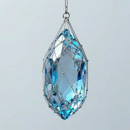 crystal hung in a fine chain net, crystal shining with an inner blue radiance, realistic, octane render
