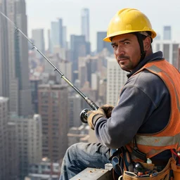 closeup portrait of a construction worker with a fishing rod sitting on a metal beam high over new york city, photography