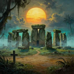 very highly textured post apocalyptic moody panoramic jungle background,  ancient stonehenge chapel with backlight ,sunset  backlight, cyan fog overtaking , giant sun, vine house ,  drying  lake with big grave cross , very dramatic clouds  , high detail gritty moody oil painting by frazetta
