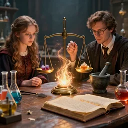 hyper real, table, wizards laboratory, lisa parker, tony sart, mortar, pestle, scales, energy flowing, magic book, beakers of colored liquid