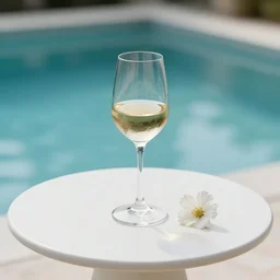 5 5 mm photo of glass of whitewine with flower on a zen minimalist round white table with gorgeous pool in the background. highly detailed 8 k. intricate. lifelike. soft light,