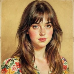 “ dakota johnson portrait by ikenaga yasunari and ayana otake and ko rakusui, 6 0 s poster, drawing, realistic, sharp focus, japanese, dreamy, nostalgia, faded, golden hues, floral clothes, porcelain skin ”