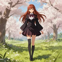 beautiful girl in gothic dress misa amane, spring landscape, university uniform, seifuku, pleated miniskirt, overknee socks, battle angel alita. by rembrandt 1 6 6 7, illustration, by konstantin razumov