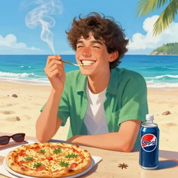 a painting of a happy person who smoked too much weed, sunny day at the beach. pizza and pepsi at his side