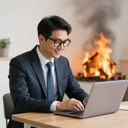 Man in a business suit wearing glasses, smiling, and using his laptop on table while his house is on fire, photo