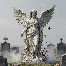 front view of a gothic cemetery statue made of flowers breaking apart and mutating into mist, Andrew Ferez, Charlie Bowater, Marco Mazzoni, Seb McKinnon, Ryohei Hase, Alberto Seveso, Kim Keever, trending on cgsociety, featured on zbrush central, new sculpture, mystical