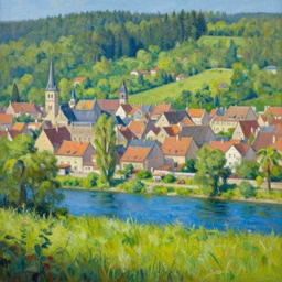 a beautiful painting of european town grass on the ground, europe reine, forest, blue rivers, trending on artstation, 2 k,