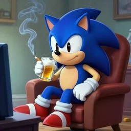 sonic the hedgehog sitting in a chair smoking a cigarette drinking beer and watching TV, realistic, 8k