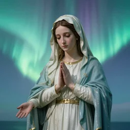 aurora overlay of virgin mary, low transparency, hirealistic, highly detailed