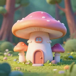 mushroom house in the forest, macro photo, pastel colors, colorfull, sidefx houdini vfx mantra render