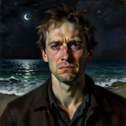 self-hatred as a candid way to survive, soft memories, ocean specular, all along the stars, gritty feeling, imagining a blissful fate, conflicted emotions, anger, sadness, facial expression, emotive portrait, by Francis Bacon, by Beksinski, neo-expressionism, war photography, photojournalism, antithesis, dialogue, chaotic revenge