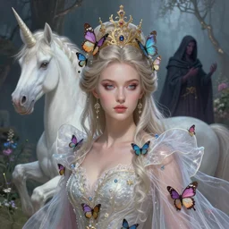 epic ultra detailed digital portrait of beautiful queen made of butterflies and translucent fabric. in the unicorn's garden. magic. necromancer. by greg rutkowski, digital painting, artstation, concept art, smooth, sharp foccus ilustration, artstation hq. intricate, elegant. art by wlop and artgerm and greg rutkowski and