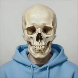 a beautiful, hyperrealism, oil painting symmetrical portrait of a bald skull wearing a light blue hoodie, in the style of reisha perlmutter and eric zener : 5