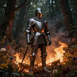 full body image of a knight among flowers in dark forest, surrounded by fire and smoke, moody, rim light, dynamic lighting, cinematic shot, gritty, ultra - detail, renderman, physically based render, jean delville, gustave dore and marco mazzoni