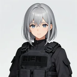silver hair girl, tactical vest, portrait ilustration by Krenz Cushart and Shinji Aramaki
