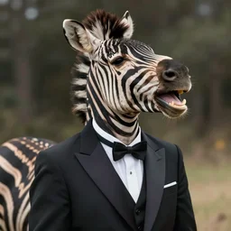 photorealistic laughing zebra wearing a stylish black suit. hyperdetailed photorealism, hd, cinematic lighting. illustration. renoir