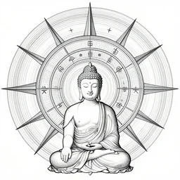 techno buddah in front of concentric geometric radial sun portal with ancient wuji symbols embedded within it, black fine lines, stanley donwood, victo ngai