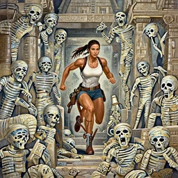 portrait of muscled Mila Kunis as Lara Croft running out of an ancient ruin filled with scary mummies, elegant, highly detailed, centered, digital painting, artstation, concept art, artgerm, donato giancola, Joseph Christian Leyendecker, WLOP, Boris Vallejo, Artgerm